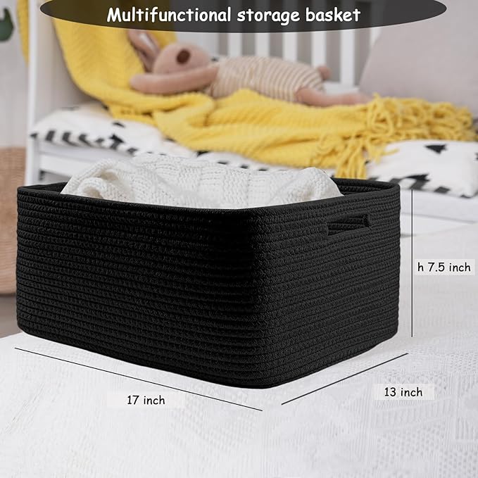 COMFY-HOMI Cotton Rope Woven Basket with Handles for Shelves,Toys,Book, Cloth Storage Baskets for Organizing-17" x 13" x 7.5" Toy Decorative Organizer for Living Room, Bathroom （all black）-Ruum Studio Home