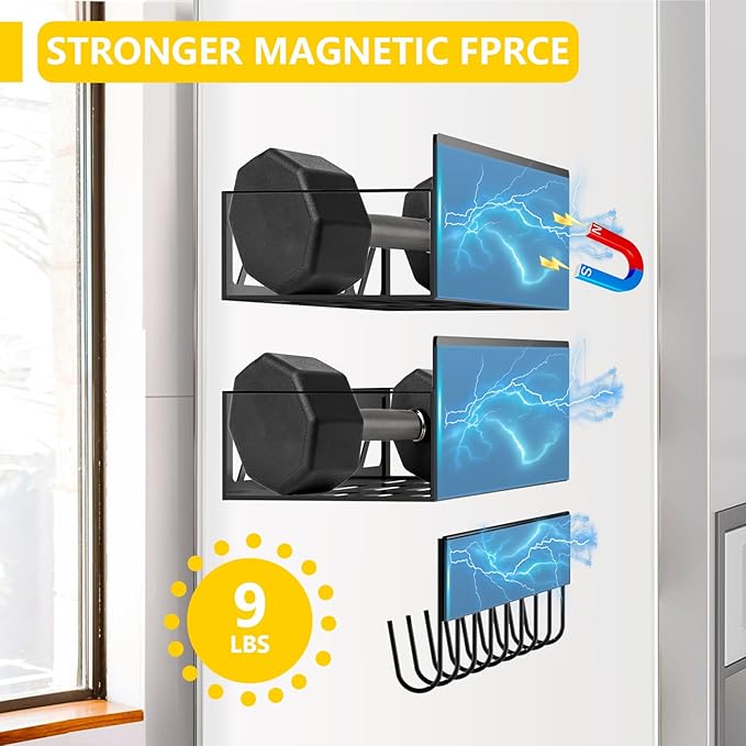 Magnetic Spice Rack Organizer for Fridge Seasoning Organizer for Kitchen storage with Screw or Adhesive Hanging,Magnetic Shelf with Hook for Refrigerator and Oven (Black, 5pack&12pcs)-Ruum Studio Home
