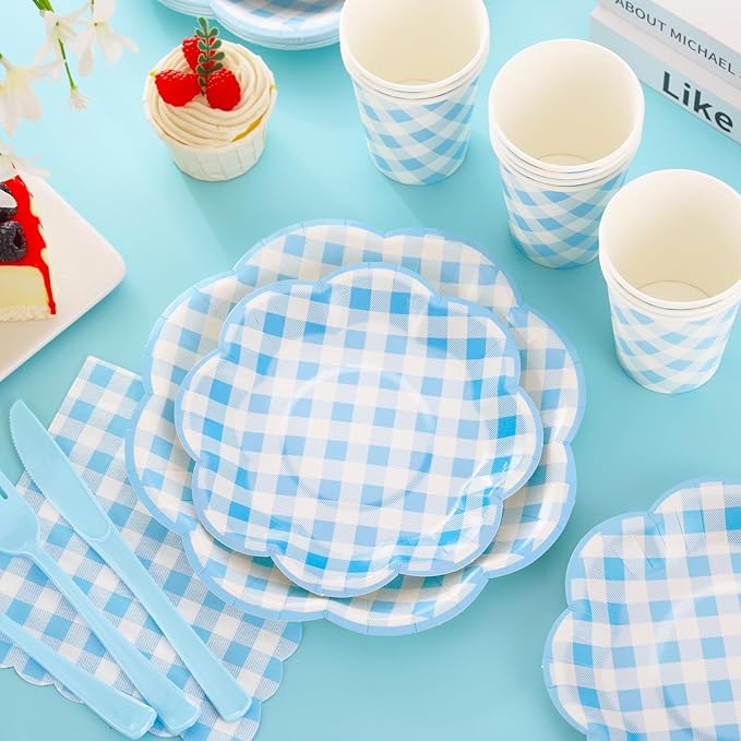 175 Pcs Blue Gingham Plates and Napkins Party Supplies - Blue and White Checkered Plates Sets Serve 25 Guests - Scalloped Gingham Paper Plate for Birthday Dinner Wedding Baby Shower Party Decorations-Ruum Studio Home
