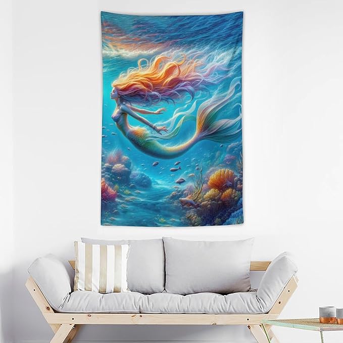 Mermaid Tapestry Ocean Tapestries Coastal Fabric Wall Hanging Aesthetic Space Indoor Outdoor Wall Art Tablecloth Bedspread Decoration for Girl’s Bedroom Dormitory Living Room Home Decor 40"x60"-Ruum Studio Home