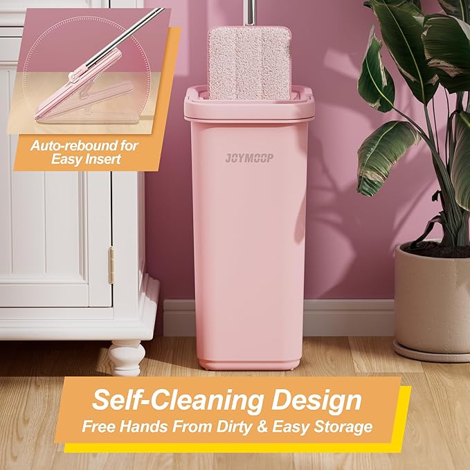 JOYMOOP Pink Mop and Bucket with Wringer Set for Home, with 3 Reusable Microfiber Mop Pads, Hands-Free Self-Cleaning System, Suitable for Floor Cleaning and Wall Cleaner-Ruum Studio Home