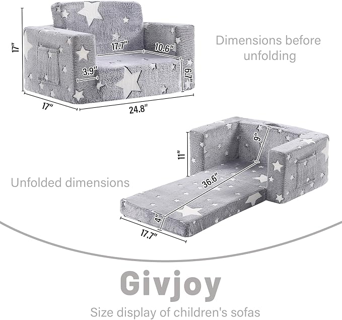 Toddler Chair Plush Kids Couch, 2-in-1 Comfy Armchair Removable and Washable Cover Carrying Handle, Convertible Reading Chair Toddler Couch for Girls and Boys, Glow in The Dark Grey Star-Ruum Studio Home