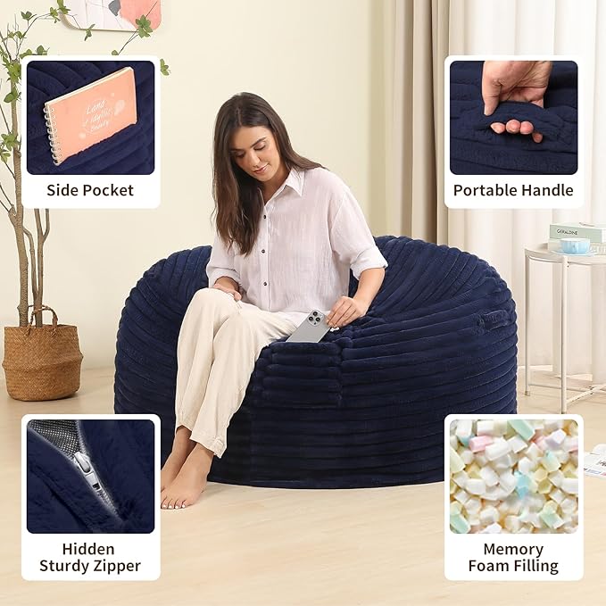 4FT Memory Foam Bean Bag Chair for Adults/Teens, Bean Bag Sofa with Fluffy Removable Cover, for Living Room Bedroom, Blue-Ruum Studio Home