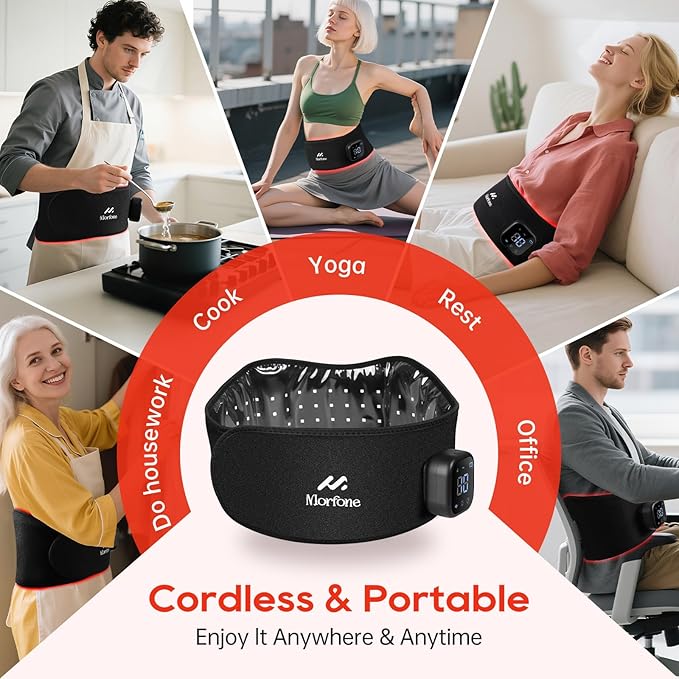 Morfone Red Light Therapy Belt, Cordless Infrared Light Therapy Pad for Body Heating Vibration Rechargeable Waist Wrap with Controller/Timer, 660nm&850nm, for Back Shoulder Muscle Pain Relief-Ruum Studio Home
