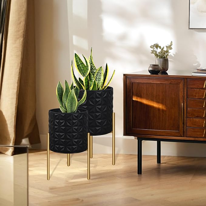 ARNIS Modern Planter Pots, Set of 2 Large Planters with Stand, Decorative Planters, Metal Pots with Drainage Holes for Living Room, Office, Garden or Balcony, 10.5 &12.25 Inch, Matte Black-Ruum Studio Home
