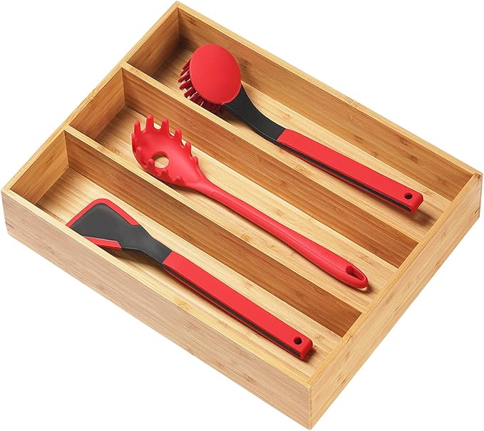 Umilife Bamboo Kitchen Utensils Organizer, 13 Inch Drawer Dividers for Silverware, Extra Deep Holder, with Non-Slip Feet, Wood Caddy for Flatware Cutlery-Ruum Studio Home