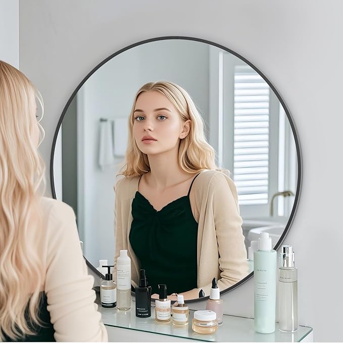 BEAUTYPEAK 40 Inch Round Mirror, Metal Frame Circle Mirror, Wall Mounted for Entryway, Bathroom, Vanity, Living Room, Black-Ruum Studio Home