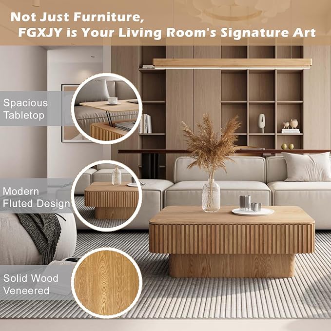 Lift Top Coffee Table with Storage, Solid Wood Coffee Table with Adjustable Height, Fluted Center Table Accent Tea Table for Living Room, Apartment, Office (38.6" Natuall)-Ruum Studio Home