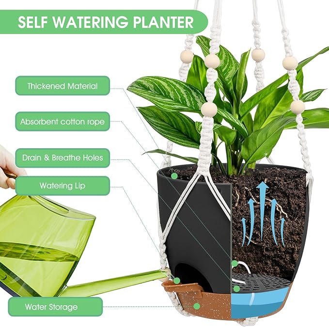 Hanging Planters for Indoor Outdoor Plants, 2 Pack Self Watering Hanging Pot with Drainage Holes, Removable Tray & 2 Kinds of Plant Hangers, 8'' Hanging Flower Pots for Home Garden Decor, Black-Ruum Studio Home