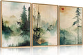 Chinoiserie Nature Framed Canvas Wall Art Set, Mountain and Forest Landscape Painting, Natural Bamboo Pine Tree Lakes Wall Decor for Living Room, Bedroom, Dining Room, Office - 16"x24"x3-Ruum Studio Home