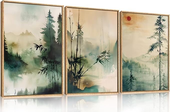 Chinoiserie Nature Framed Canvas Wall Art Set, Mountain and Forest Landscape Painting, Natural Bamboo Pine Tree Lakes Wall Decor for Living Room, Bedroom, Dining Room, Office - 16"x24"x3-Ruum Studio Home
