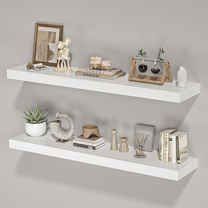 Floating Shelves for Wall,40" W x 8" D x 1.5" H, Wooden Wall Mounted Display Shelves with Invisible Brackets for Living Room, Bedroom, Bathroom, Kitchen Decor and Storage, Set of 2, White-Ruum Studio Home