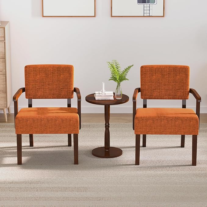 Accent Chair Set of 2 with Table, Living Room Chairs with Soft Seat and Armrests for Living Room Bedroom Reading Room Waiting Room (Orange), Linen, AC01-Ruum Studio Home