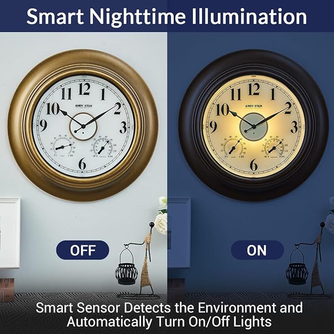 ANDY STAR 21 Inch Outdoor Clocks Waterproof, Large Outdoor Wall Clocks for Patio with Thermometer, Weatherproof Illuminated Clock Battery Operated with Thermometer&Hygrometer, Gold Metal Finish-Ruum Studio Home