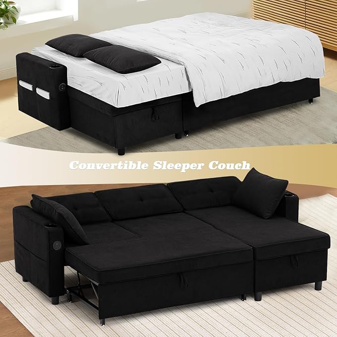 84 Inches Fabric Sectional Sofa w/Pull Out Sofa Bed & Adjustable Back, Tufted L Shaped Couch w/Storage Chaise, Sleeper Sectional Sofa w/USB Port & Cup Holders for Living Room, Black-Ruum Studio Home