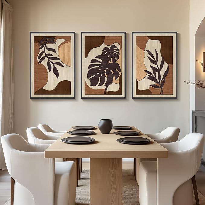 Framed Textured Wood 3D Wall Art for Living Room, Large Boho Tropical Brown Artwork for Walls, 3 Piece Farmhouse Botanical Leaf Wood 3D Textured Wall Art Decor for Office Bedroom Hallway, 24x36 Inch-Ruum Studio Home