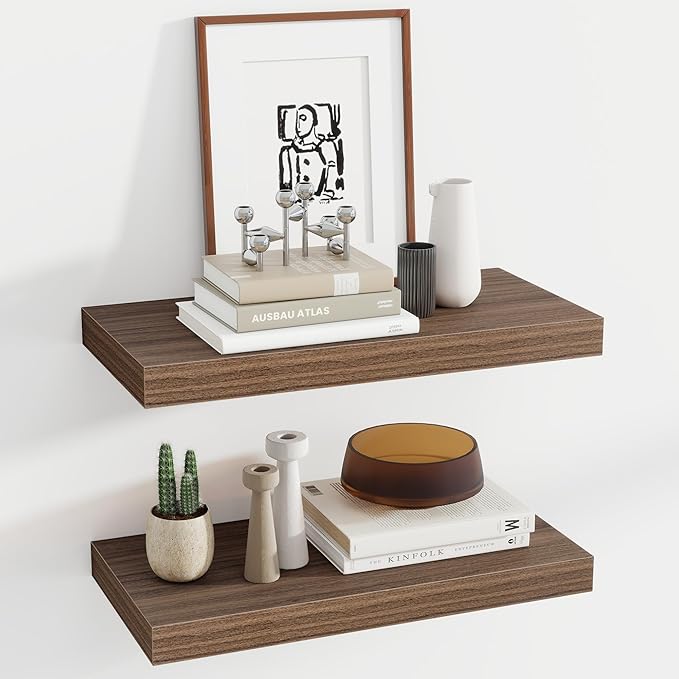 24 Inch Floating Shelves, 12 Inch Deep Floating Shelves for Wall, Floating Shelf with Invisible Brackets, Deep Shelves for Bathroom, Bedroom, Living Room, 2 Pack, Walnut-Ruum Studio Home
