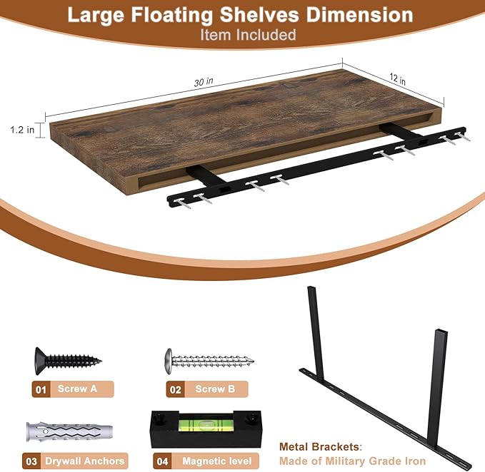 12 Inch Deep Floating Shelves for Wall 1 Pack Floating Shelves Large Storage Space Wall Mount Shelf for Living Room Kitchen Bathroom 30" W x 12" D x 1.2" H Rustic Brown-Ruum Studio Home