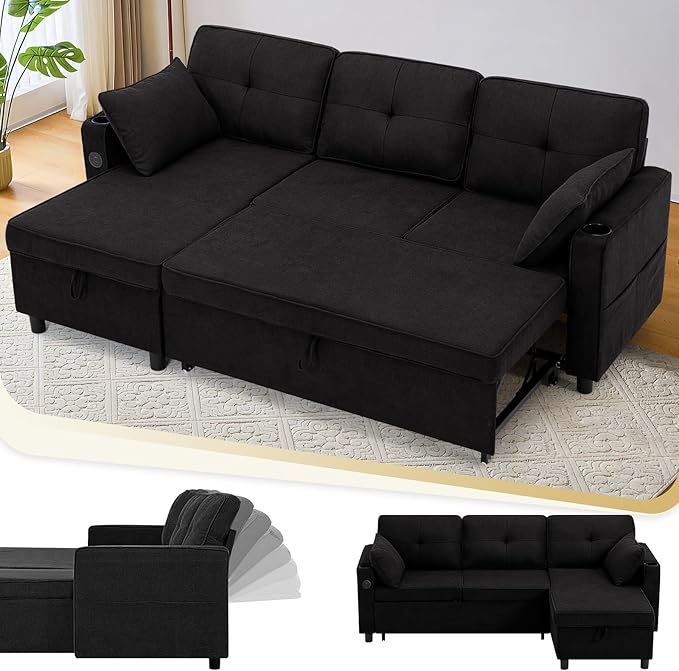 84 Inches Fabric Sectional Sofa w/Pull Out Sofa Bed & Adjustable Back, Tufted L Shaped Couch w/Storage Chaise, Sleeper Sectional Sofa w/USB Port & Cup Holders for Living Room, Black-Ruum Studio Home