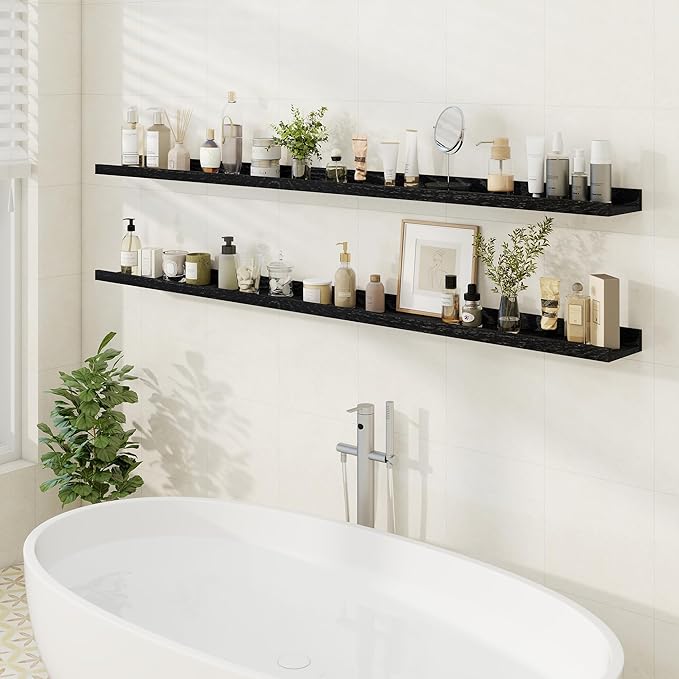 Floating Picture Ledge Shelves 72 Inch Solid Oak Wood Set of 2, Rustic Wall Storage Shelves with Lip, Kids Bookshelf, Photo & Picture Ledge Shelves for Bedroom, Living Room, Kitchen-Ruum Studio Home