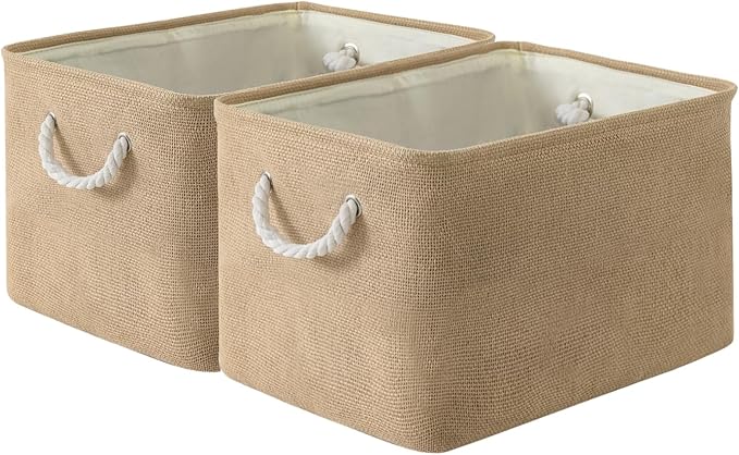 Organization and Storage Basket for Organizing - 17X15X12 inch 2 Pack Collapsible Baskets for Shelves, Fabric Storage Cubes with Rope, Storage Box for Cloth Decorative Gift (Beige)-Ruum Studio Home