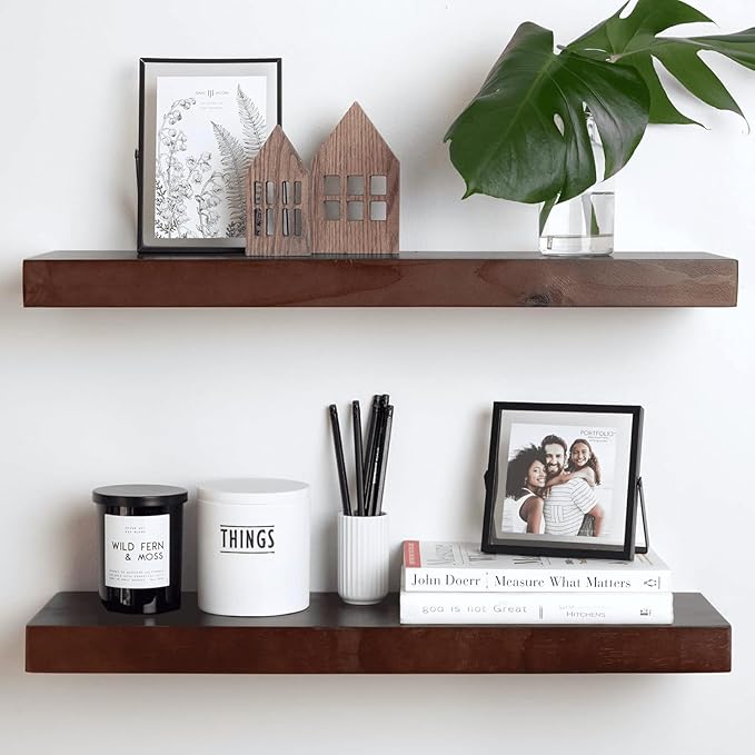 Homeforia 24inch Walnut Floating Shelves for Wall, High End Solid Real Wood 24in Floating Shelf for Bathroom, Dark Brown 24 inch Long Floating Shelves, Heavy Duty Bracket, 24 X 6.5 X 1.75 in, Set of 3-Ruum Studio Home