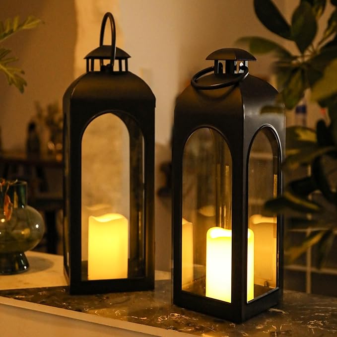 Bdor 2 Pack 20 Inches Metal and Tempered Glass Decorative Lantern with Electronic Wax Effect - Indoor/Outdoor Decorative Lighting, Handcrafted Aesthetic, Perfect for Home, Parties, and Holiday Decor-Ruum Studio Home
