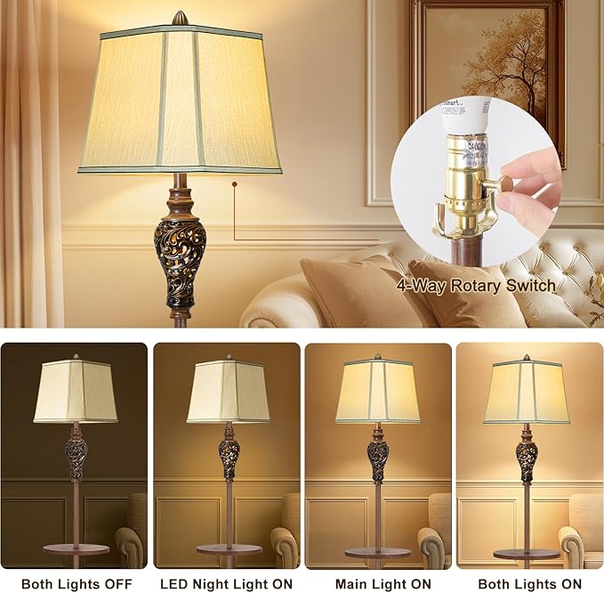 65" High Vintage Floor Lamp with Night Light and Glass Tray, Farmhouse Standing Lamp with Beige Faux Silk Shade, Retro Rustic Tall Lamp Decor for Living Room, Bedroom, Bedside, Corner (Bulb Included)-Ruum Studio Home