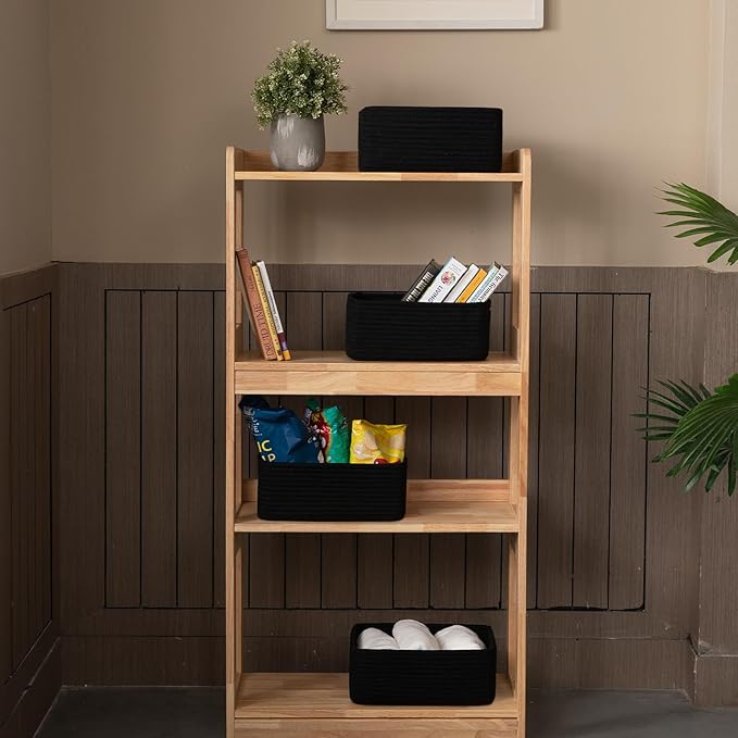 4 Pack Small Storage Shelf Baskets for Organizing, Mini Woven Rope Storage Bins for Towels, Cute Decorative Closet Organizer，Baby Nursery, Gift Empty Baskets -13''Lx8.66''Wx5.11''H-Black-Ruum Studio Home