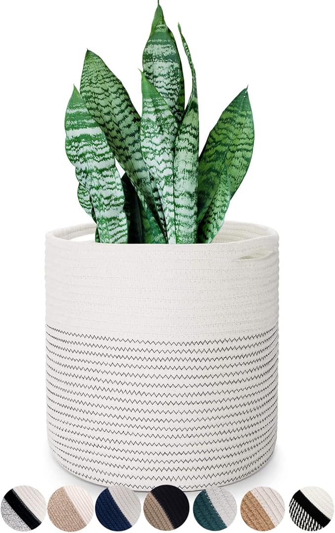 Woven Cotton Rope Plant Basket for 11 12" Flower Pot Floor Indoor Planters, Decor Basket for Plants Storage Organizer Modern Home Decor (12" x 12", White)-Ruum Studio Home