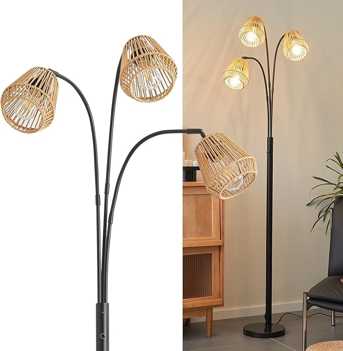 Rattan Floor Lamp for Living Room, 72 Inch Tall Boho Floor Lamp with Rotary Switch, 3 Light Arc lamp with Wicker Shade for Coastal,Bohemian,Rustic,Beach Tree,Farmhouse Standing Lamp-Ruum Studio Home