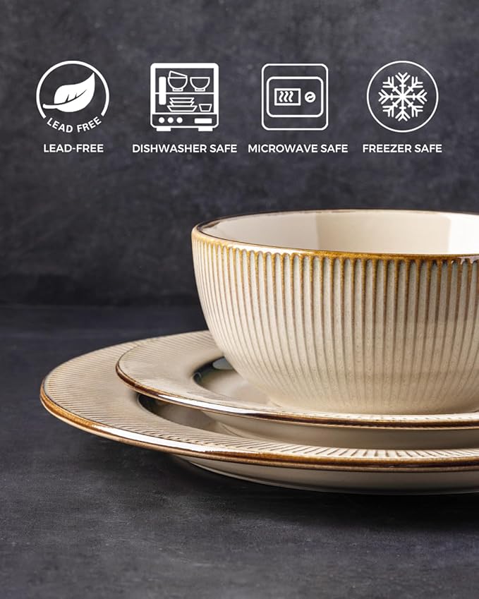 GBHOME Ceramic Dinnerware Sets,12 pcs Embossed Elegant Stoneware Plates and Bowls Sets, Housewarming Wedding Gift | Dishwasher & Microwave Safe | Dishes Set Service for 4-Ruum Studio Home