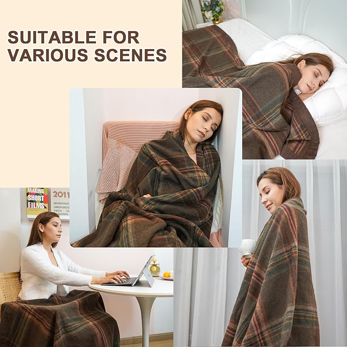 YOUR MOON 100% Pure Merino Wool Twin Size, Australian Organic Natural Wool Blanket, Hypoallergenic Wool Blanket for Bed, Medium Weight(Plaid Brown, 66 * 90)-Ruum Studio Home