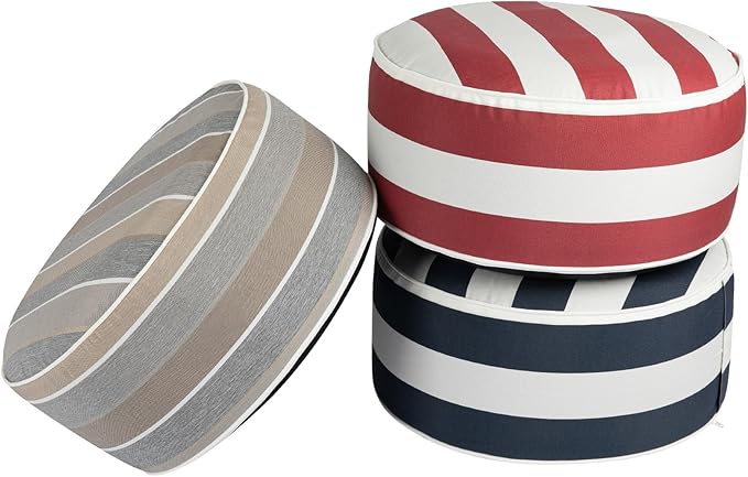 FUNHOME Inflatable Outdoor Ottoman with Air Pump,20"x9" Portable Patio Pouf,Water Resistant,Fade-Resistant,Round Blow Up Footrest Stools for Home Garden Camping Travel(Gray Stripe)-Ruum Studio Home
