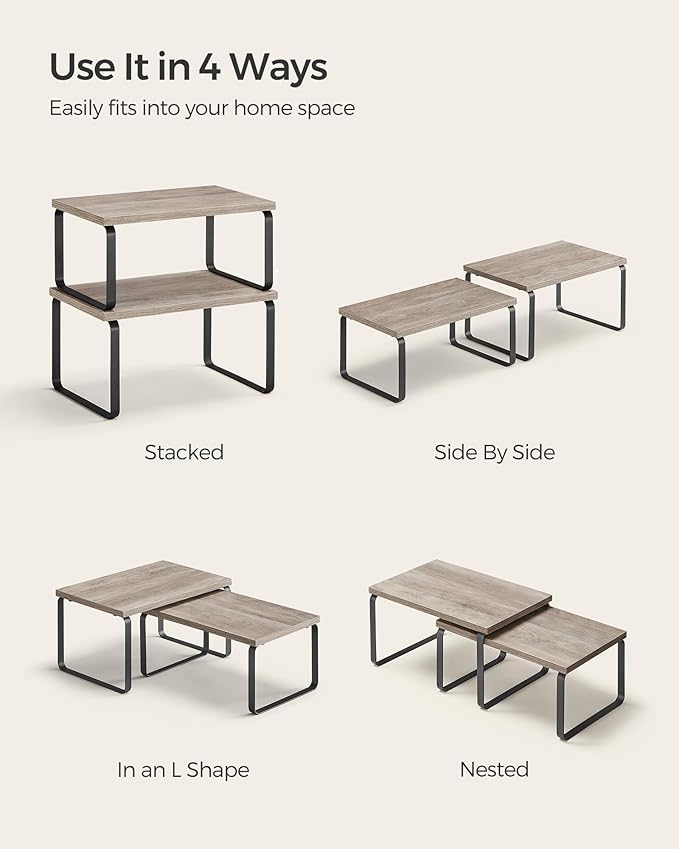 SONGMICS Cabinet Organizer Shelf, Set of 2 Kitchen Counter Shelves, Kitchen Storage, Spice Rack, Stackable, Expandable, Metal and Engineered Wood, Ink Black and Heather Greige UKCS020X02-Ruum Studio Home