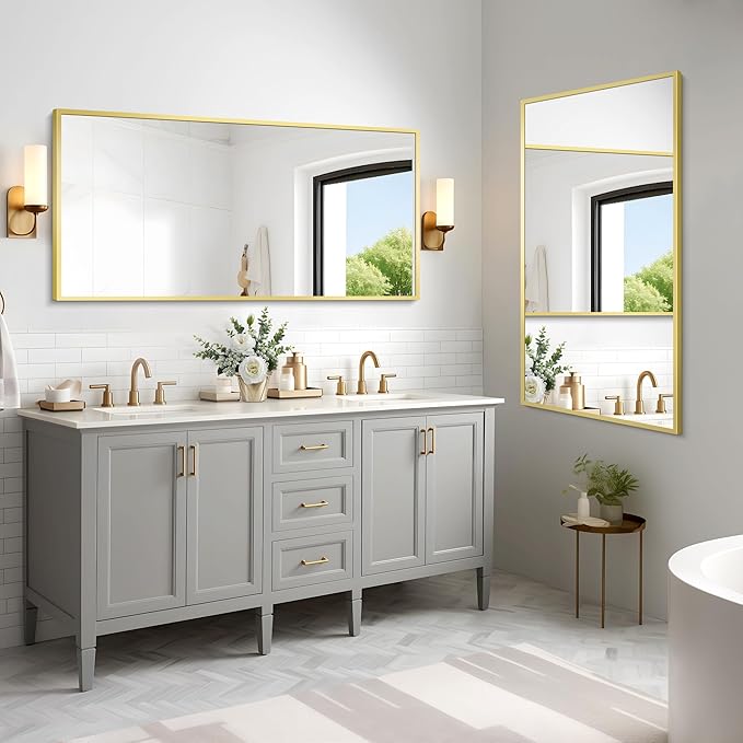Gold Bathroom Mirror for Wall, 60x30 Inch Rectangle Mirrors with Metal Frame, Modern Vanity Wall Mirror Decor for Bathroom Living Room, Entryway Hangs Horizontal or Vertical-Ruum Studio Home