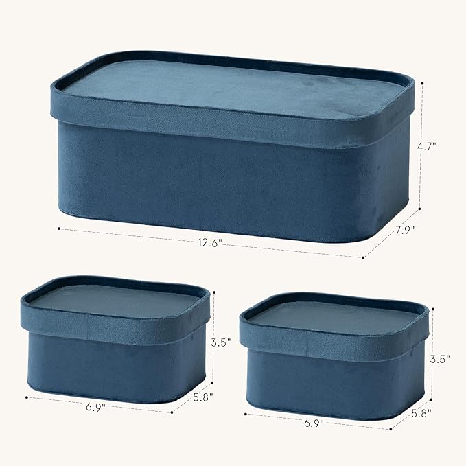 La Jolie Maison Velvet Storage Baskets with Lids, Sturdy Stackable Cardboard Boxes with Decorative Trays, Organizer Bins for Bathroom Bedroom Organizing, Prussian Blue, Set of 3-Ruum Studio Home
