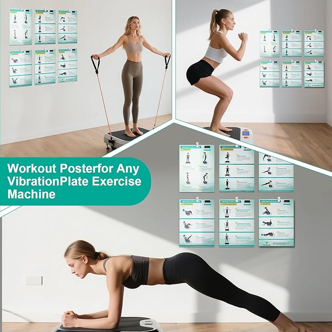 Vibration Plate Exercise Machine Poster - Upgraded 6 Workout Guidance & 10 Pcs Planner & 10 Pcs Double-Sided Clips, Comprehensive Whole Body Wave Vibrating Workout Chart, Pink-Ruum Studio Home