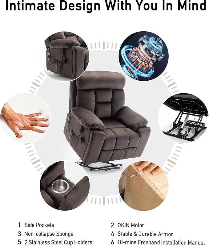 Large Power Lift Chairs Recliners for Elderly with Heated and Massage, Lazy Boy Recliner Chair with 26in Extra Wide Seat, Hidden Cup Holder, Side Pocket-Ruum Studio Home