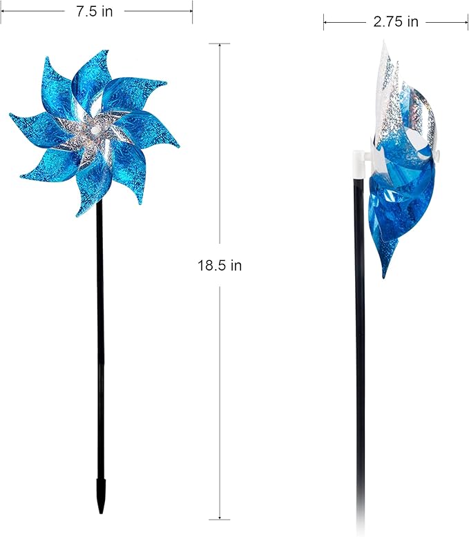 Hausse 10 Pack Reflective Pinwheels with Stakes, Extra Sparkly Pin Wheel for Garden Decor, Bird Repellent Devices Deterrent to Scare Birds Away from Yard Patio Farm, Blue-Ruum Studio Home