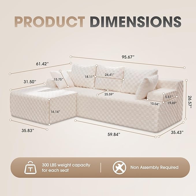 Hobestluk 96” Modular Sectional Sofa Couches L-Shape Couch 3 Seat Modular Sofa Memory Foam Sectional Couches for Living Room, Cloud Couch with Oversized Chaise (White, Checked (Left Facing Chaise))-Ruum Studio Home