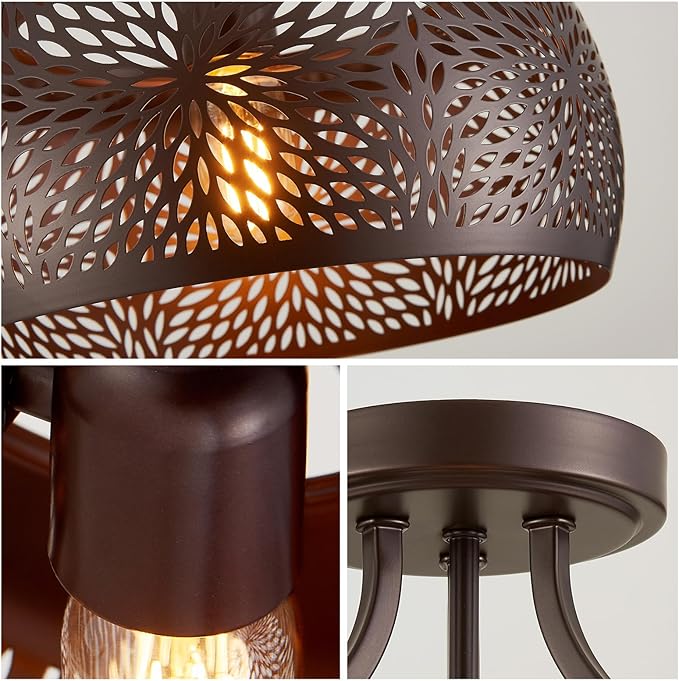 WUZUPS Chandelier Rustic Farmhouse Industrial Round Semi-flushmount Ceiling LED Light Fixture with Later-Cut Openwork Drum Shade, H 11.8" x W 13.4", Oil Rubbed Bronze-Ruum Studio Home