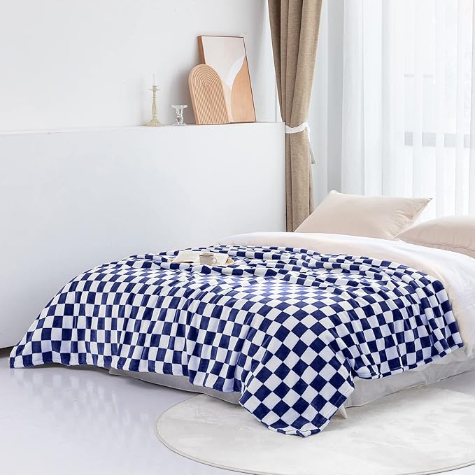 LOMAO Throw Blankets Flannel Blanket with Checkerboard Grid Pattern Soft Throw Blanket for Couch, Bed, Sofa Luxurious Warm and Cozy for All Seasons (Dark Blue, 60"x80")-Ruum Studio Home