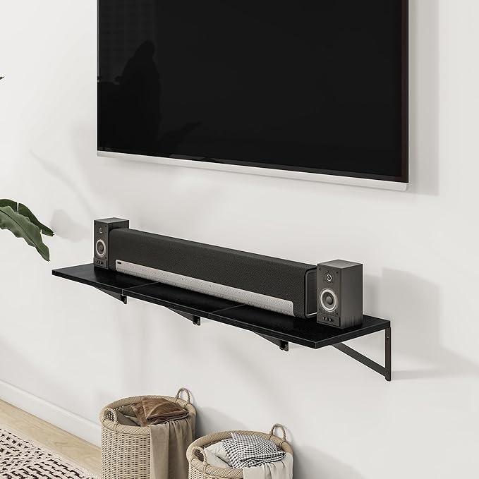 Heimlove Deep Floating Shelves for Wall, 12 Inch Deep Floating Shelves Set of 3, 16W x 12D Wood Wall Shelves, Wide Wood Shelves with Metal Bracket for Living Room, Kitchen, Office, Bedroom - Black-Ruum Studio Home