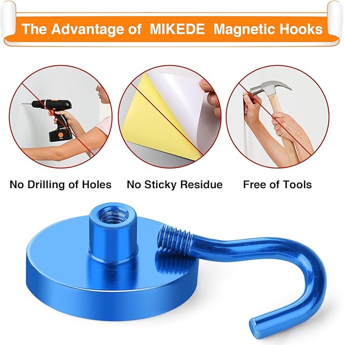 MIKEDE Strong Magnetic Hooks, 110Lbs Heavy Duty Magnetic Hooks for Cruise, Neodymium Earth Magnets with Hooks for Hanging, Super Metal Industrial Magnets for Grill, Storage (Blue,10 Pack)-Ruum Studio Home