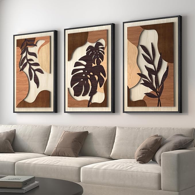 Framed Textured Wood 3D Wall Art for Living Room, Large Boho Tropical Brown Artwork for Walls, 3 Piece Farmhouse Botanical Leaf Wood 3D Textured Wall Art Decor for Office Bedroom Hallway, 24x36 Inch-Ruum Studio Home