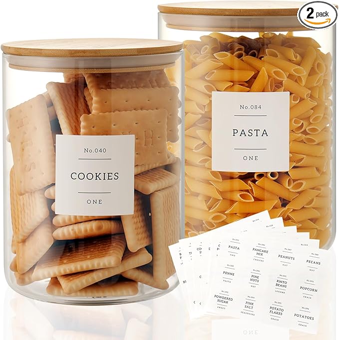 Set of 2 Large Glass Flour and Sugar Containers - 100 Fl oz Thicken Glass Storage Jars with Airtight Bamboo Lid and 132 Kitchen Pantry Labels - Big Clear Rice Containers Farmhouse-Ruum Studio Home