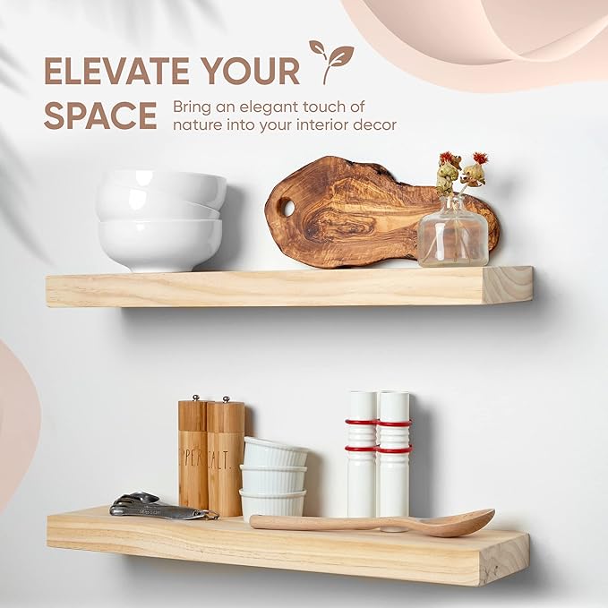Homeforia 24 inch Natural Floating Shelf, High End Solid Real Wood 24inch Small Floating Shelves for Wall Mounted, Natural Wooden Floating Shelves, Heavy Duty Bracket, 24 X 6.5 X 1.75 in, Set of 2-Ruum Studio Home