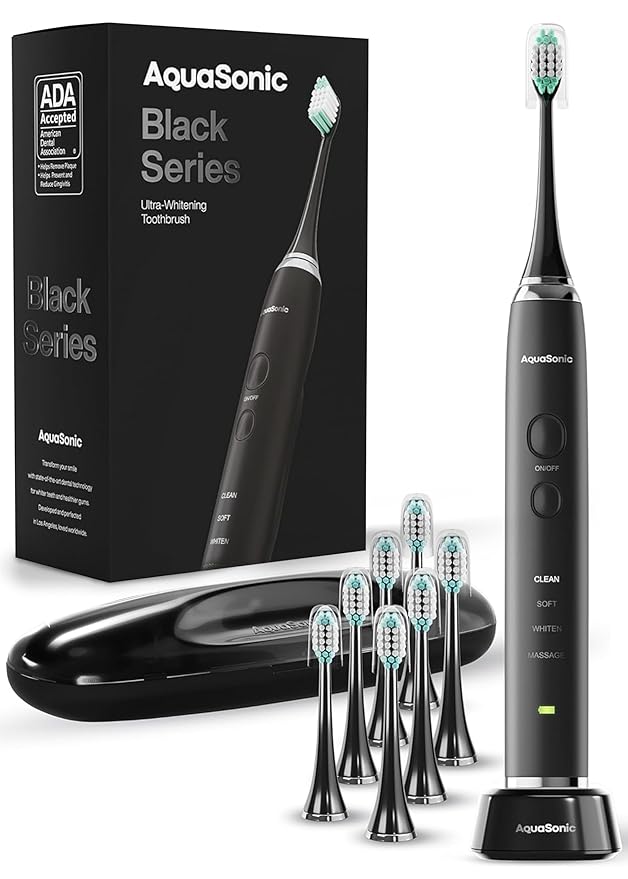 Aquasonic Black Series Ultra Whitening Toothbrush – ADA Accepted Electric Toothbrush- 8 Brush Heads & Travel Case – 40,000 VPM Electric Motor & Wireless Charging - 4 Modes w Smart Timer-Ruum Studio Home