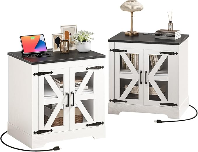 Farmhouse Side Table - 24" Large Night Stand Set 2, Wood Nightstand with Charging Station, Bedside Table with Adjustable Shelf, End Tables Living Room, Rustic Bed Side Tables Bedroom, White-Ruum Studio Home